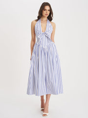 Mackenna Navy Cotton Stripe Halter Smock Back Maxi Dress