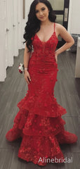 Stunning Red Floral Mermaid Prom Dress with Tiered Ruffles, Evening Dress, PD3823018