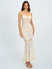 Pallas Beige Lace Trim Crochet Mermaid Maxi Dress