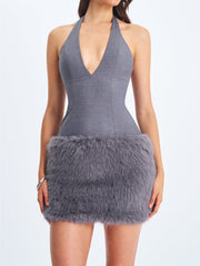 Daisy Grey Drop Waist Fur Trim Halter Mini Dress