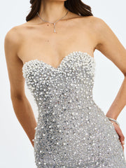 Noelle Silver Sequin Pearl-Embellished Sweetheart Maxi Dress