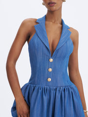 Xyan Navy Denim Lapel Halter A-Line Midi Dress