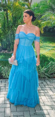 Sexy Sweatheart Strapless Blue Corset A-line Tiered Tulle Prom Dress, PD37997