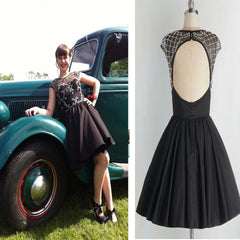 Shortopen back simple unique black freshman formal homecoming prom dresses,BD0090