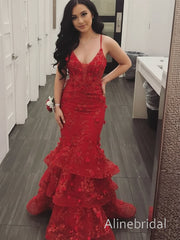 Stunning Red Floral Mermaid Prom Dress with Tiered Ruffles, Evening Dress, PD3823018