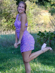 Sparkly Sequins Purple One Shoulder Short Homecoming Dress, HD32790