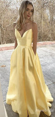 Simple V-neck Yellow A-line Long Prom Dress, Evening Dress, PD38016