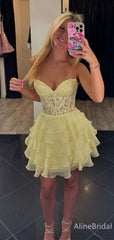 Elegant Yellow Chiffon Strapless A-line Ruffles Short Homecoming Dress, HD32795