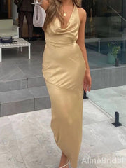 Sexy Champagne Halter Backless Mermaid Long Prom Dress, PD38018