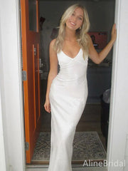 Elegant White V-neck Spaghetti Strap Mermaid Long Prom Dress, PD38020