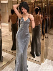 Sexy Grey V-neck Backless Mermaid Long Prom Dress, Evening Dress, PD38023