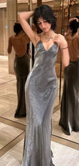 Sexy Grey V-neck Backless Mermaid Long Prom Dress, Evening Dress, PD38023