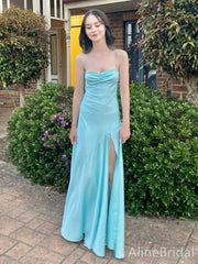 Sexy Sky Blue Spaghetti Strap Split Side Mermaid Long Prom Dress,PD38026