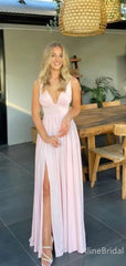 Pastel Pink A-line Long Prom Dress with Slit, PD38027