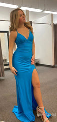Simple V-neck Blue Spaghetti Strap Mermaid Long Prom Dress with Slit, PD38032