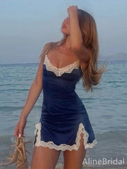 Elegant Blue V-neck Lace-Trim Short Homecoming Dress, HD327978