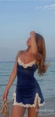 Elegant Blue V-neck Lace-Trim Short Homecoming Dress, HD327978