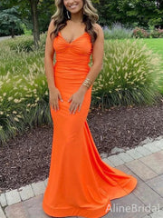 Sexy Orange Pleated Open Back Mermaid Long Prom Dress, PD38035