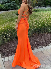 Sexy Orange Pleated Open Back Mermaid Long Prom Dress, PD38035