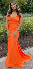 Sexy Orange Pleated Open Back Mermaid Long Prom Dress, PD38035