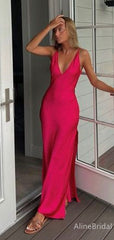 Minimalist V-neck Sleevesless Pink Mermaid Long Prom Dress, Evenning Dress, PD38038
