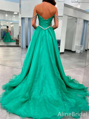 Elegant Green Off the Shoulder Rhinestone A-line Long Prom Ball Gown, PD38043