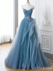 Elegant Blue Strapess A-line Long Prom Dres-Ruffles Tulle Evening Dress ,PD38047