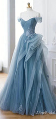 Elegant Blue Strapess A-line Long Prom Dres-Ruffles Tulle Evening Dress ,PD38047