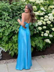 Blue Spaghetti Straps Mermaid Prom Dress with Tie-Back, Floor-Length Evening Dress, PD38063