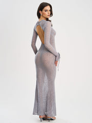 Waylynn Gray Animal Print Burnout Velvet Detail Mesh Backless Maxi Dress