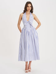 Mackenna Navy Cotton Stripe Halter Smock Back Maxi Dress
