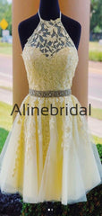 Popular Pretty A-line Lace Appliques Yellow Homecoming Dresses, HD106