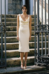 Plunging Back Cowl Lady Length Dress in Butter