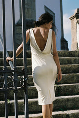Plunging Back Cowl Lady Length Dress in Butter