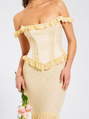 Ersilia Pale Yellow Satin Lace Peplum Corset Off Shoulder Maxi Dress