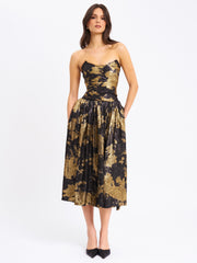 Saanvi Gold Tie Dye Bronzing Strapless Drop Waist Midi Dress