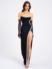 Xoana Black Crystal Embellished High Slit Gown