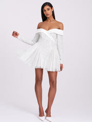 Kira Bead Embroidered Mesh Off Shoulder Long Sleeve Mini Dress