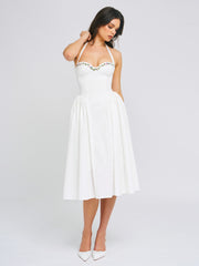 Gianna White Cotton Poplin Embroidered Halter Maxi Dress