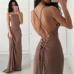 Sexy Taupe Spaghetti Strap Backless Lace-Up A-Line Floor Length Evening Prom Dress, Evening Dress,PD0154