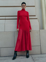 Mock Neck Pleated Panel Sweater Dress
