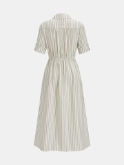 Cotton Linen Striped Midi Shirt Dress