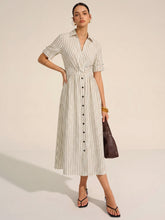 Cotton Linen Striped Midi Shirt Dress