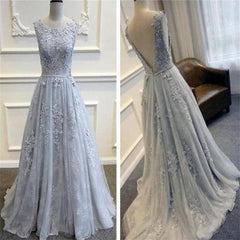 Long Custom Gray V-Back Scoop Tulle With Lace Appliques Party Prom Dresses,PD0083
