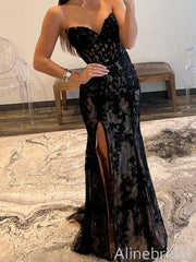 Elegant Black Strapless Side Slit Lace-Up Back Long Prom Dress, Lace Applique Evening Dress, PD3823004