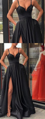 Black Satin Spaghetti Strap Slit Sexy Prom Dresses, PD00157