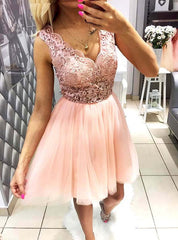 Blush Pink Lace Tulle Sleeveless Simple homecoming dresses,BD00131