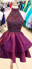 Burgundy Elastic Satin Beading Mismatched Sleeveless Homecoming Dresses ,HD0040