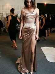 Charming Taupe Off Shoulder High Slit Prom Dress, Long Pleated Evening Dress, PD00186