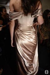 Charming Taupe Off Shoulder High Slit Prom Dress, Long Pleated Evening Dress, PD00186